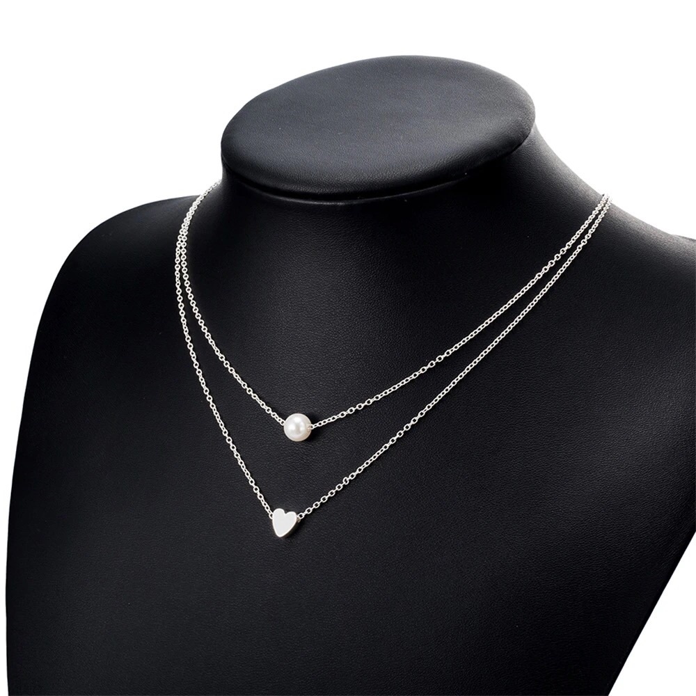 Heart and Pearl Double Layered Necklace - Picture 2 of 6